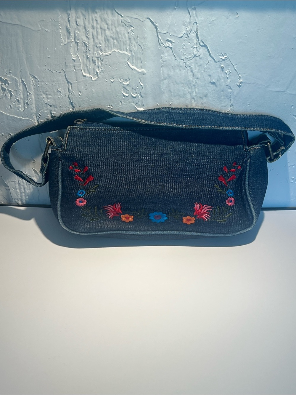Denim Crossbody Bag with Floral Embroidery - Blue